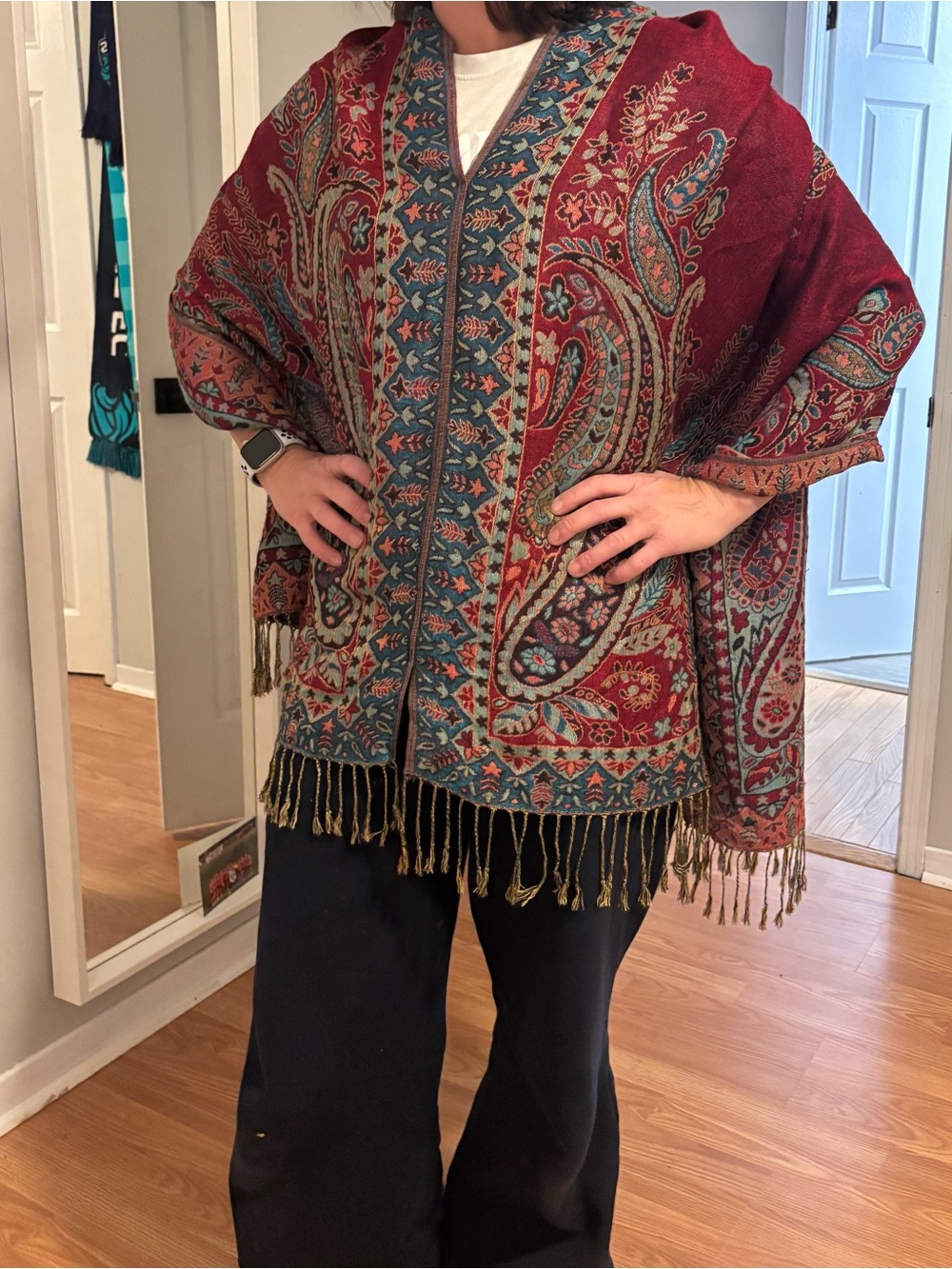 Bohemian Paisley Fringe Reversible Sweater Cardigan - Red/green/blue